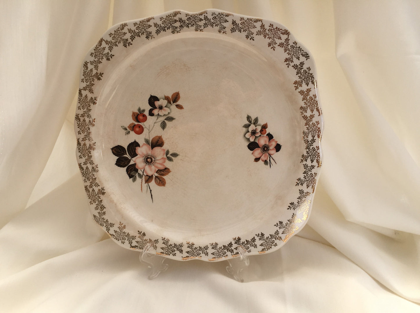 Lord Nelson 10" Square Flat Cake Plate Gold Filigree and Floral Design