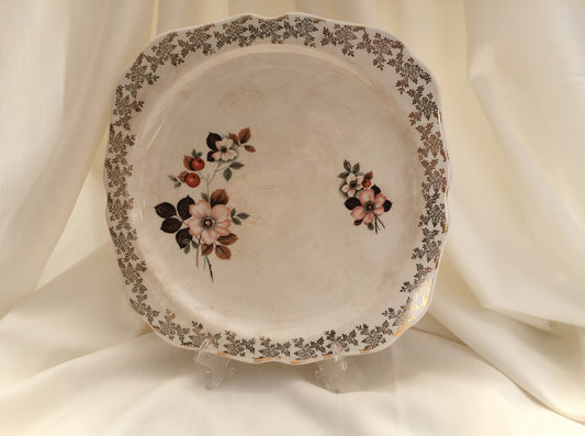 Lord Nelson 10" Square Flat Cake Plate Gold Filigree and Floral Design