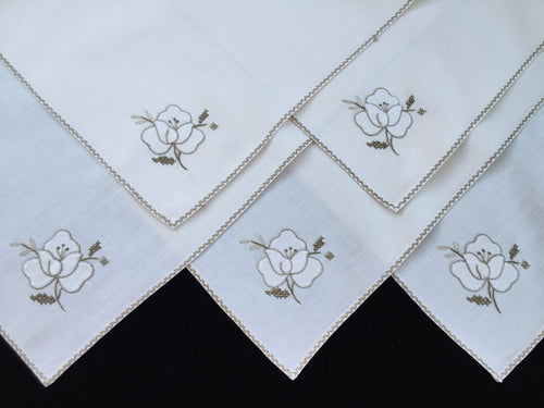 Hand Embroidered and Appliqued Vintage Ivory and Ecru Cotton Linen Napkins