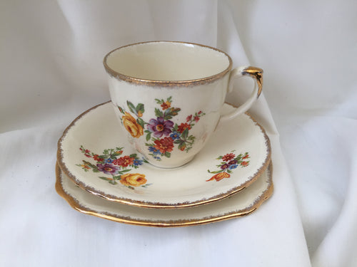 Vintage Creampetal Grindley 3 Piece Demitasse Set Made in England with Dresden Flowers