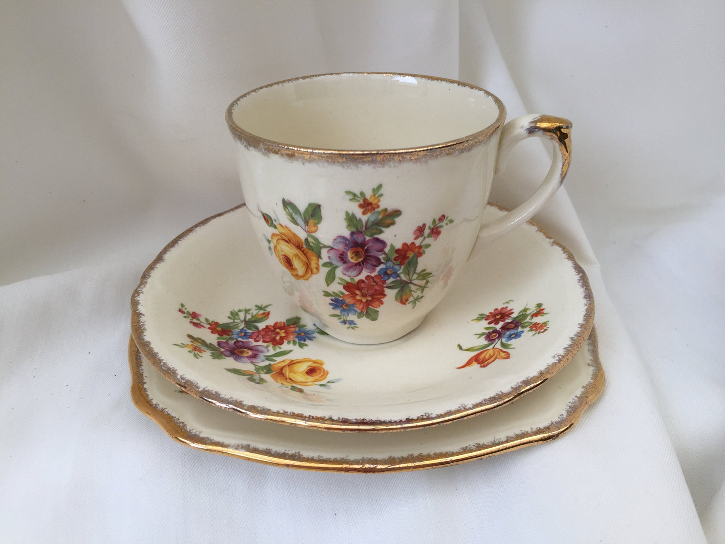 Vintage Creampetal Grindley 3 Piece Demitasse Set Made in England with Dresden Flowers