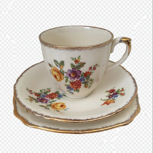 Vintage Creampetal Grindley 3 Piece Demitasse Set Made in England with Dresden Flowers