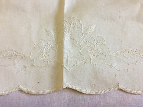 Rare Victorian Antique Linen Kitchen Meat Carvery Cover Cloth with Pansies and Scalloped Edging