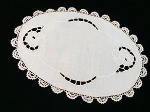 Vintage or Antique Oval Madeira Embroidered Ivory Linen Center Doily With Crochet Lace Border