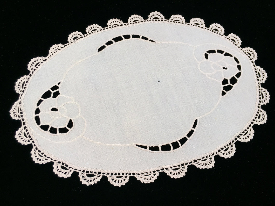 Vintage or Antique Oval Madeira Embroidered Ivory Linen Center Doily With Crochet Lace Border
