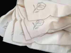 Linen Napkins. A Set of 6 Unused Vintage Ivory/Ecru Embroidered Cotton Linen Napkins