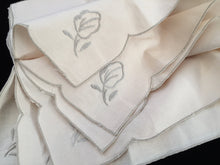 Load image into Gallery viewer, Linen Napkins. A Set of 6 Unused Vintage Ivory/Ecru Embroidered Cotton Linen Napkins