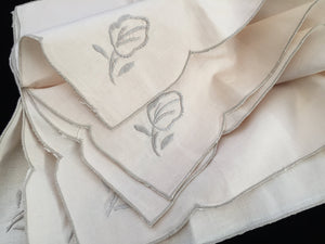 Linen Napkins. A Set of 6 Unused Vintage Ivory/Ecru Embroidered Cotton Linen Napkins