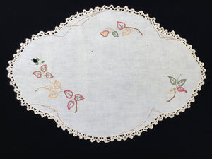 Large Vintage Oval Embroidered Doily for Craft with Leaf Pattern on Off-White Linen with Beige Crocheted Edging