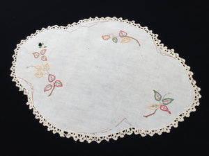 Large Vintage Oval Embroidered Doily for Craft with Leaf Pattern on Off-White Linen with Beige Crocheted Edging