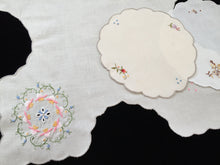 Load image into Gallery viewer, Vintage Machine Embroidered Off-white Linen Bread Basket Liner Doily with Grey Scalloped Edging and a Bonus Pair of Round Doilies