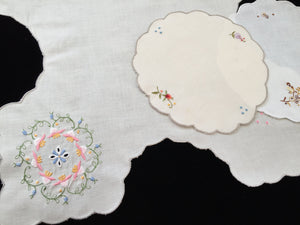 Vintage Machine Embroidered Off-white Linen Bread Basket Liner Doily with Grey Scalloped Edging and a Bonus Pair of Round Doilies