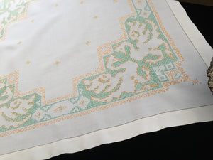 Vintage Hand Embroidered Linen Tablecloth with Cross Stitch Phoenix Pattern