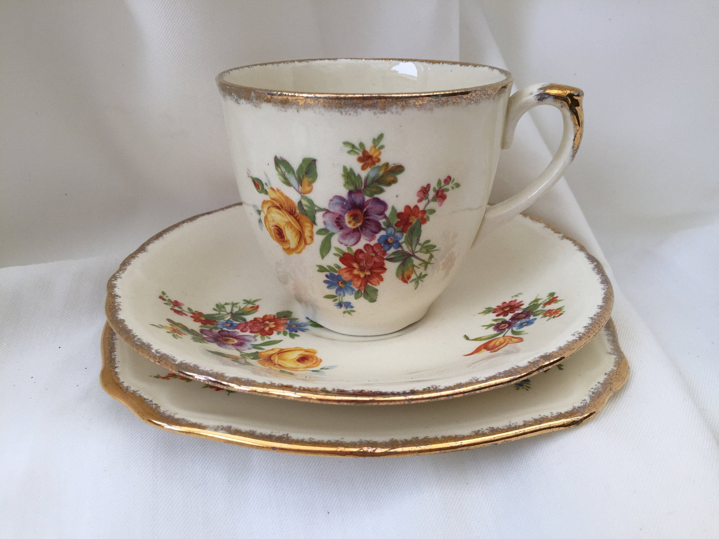 Vintage Creampetal Grindley 3 Piece Demitasse Set Made in England with Dresden Flowers
