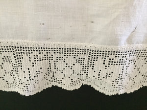 Vintage Lace and Linen Bed Cover with Mary Card Designed Filet Crochet Inlay "Peacock and Grapevine"