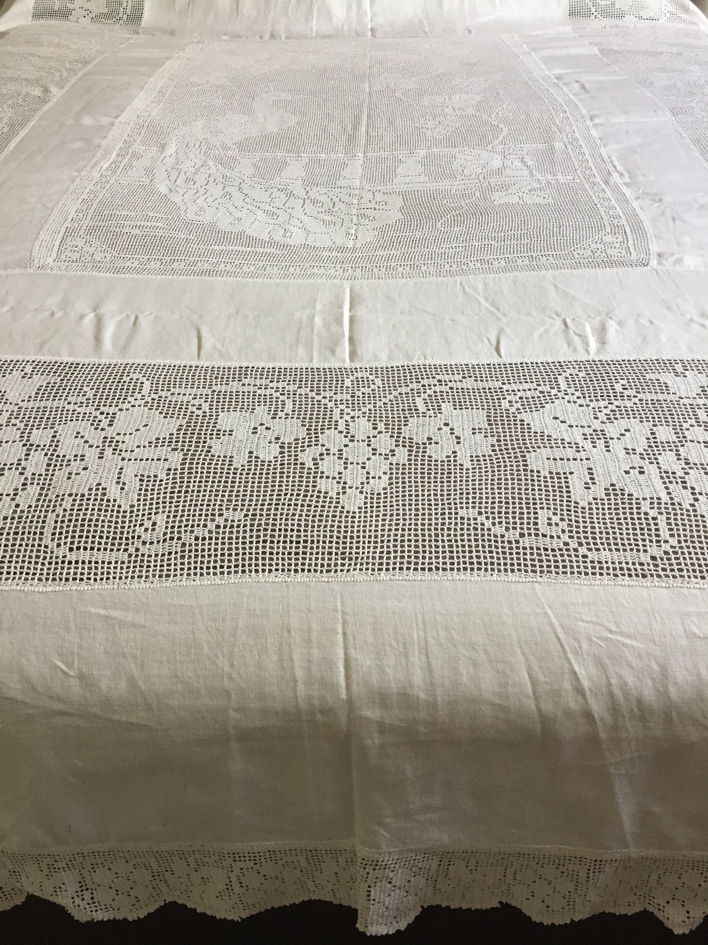 Vintage Lace and Linen Bed Cover with Mary Card Designed Filet Crochet Inlay "Peacock and Grapevine"
