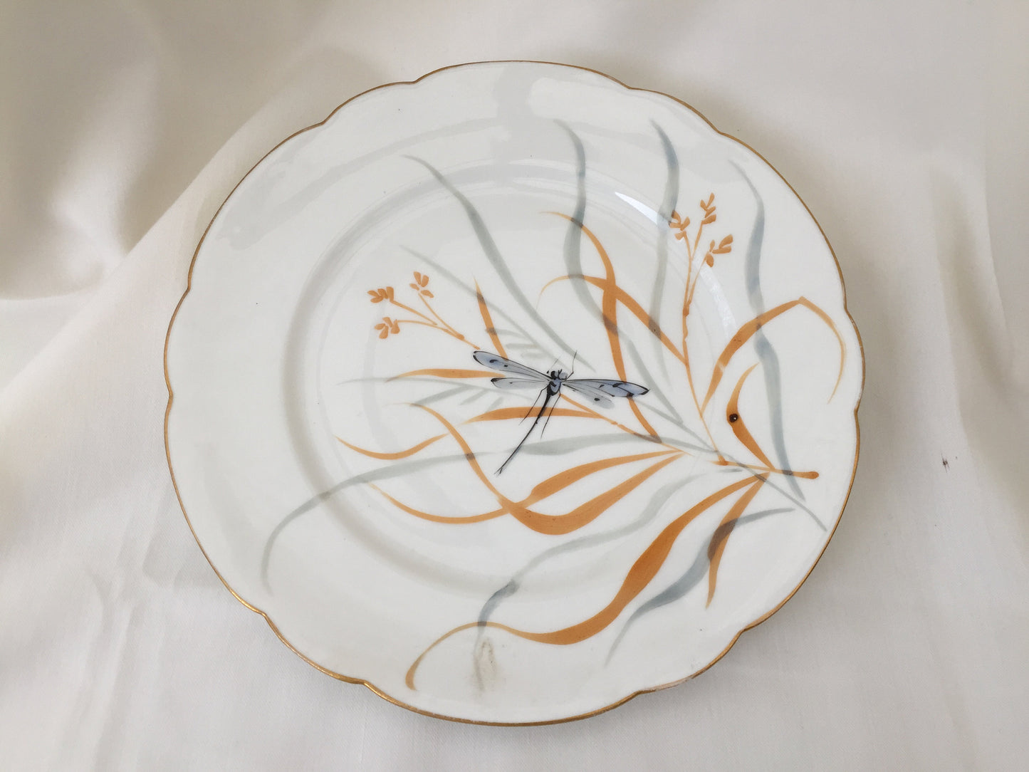 Hand Painted 9" Vintage Porcelain Plate with Dragonfly Design