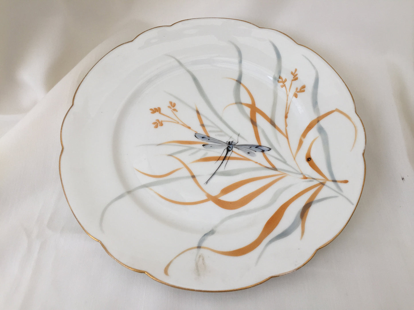 Hand Painted 9" Vintage Porcelain Plate with Dragonfly Design