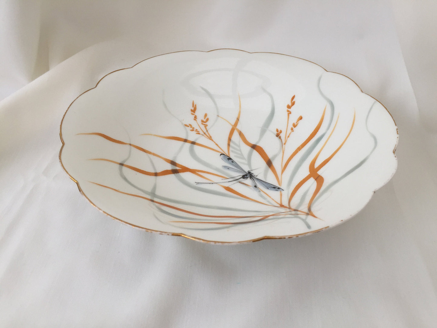Hand Painted 9" Vintage Pedestal Bowl with Dragonfly Pattern