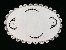 Load image into Gallery viewer, Vintage or Antique Oval Madeira Embroidered Ivory Linen Center Doily With Crochet Lace Border