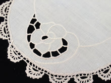 Load image into Gallery viewer, Vintage or Antique Oval Madeira Embroidered Ivory Linen Center Doily With Crochet Lace Border