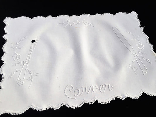 Rare Victorian Era Antique  Embroidered Linen Kitchen Meat Carver Cover Cloth with Crocheted Scalloped Edging