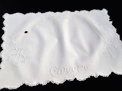 Rare Victorian Era Antique  Embroidered Linen Kitchen Meat Carver Cover Cloth with Crocheted Scalloped Edging