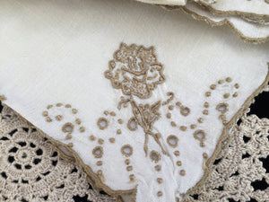 A Set of 3 Antique Hand Embroidered Broderie Anglaise Off-white and Taupe Linen Napkins with Scalloped Edging
