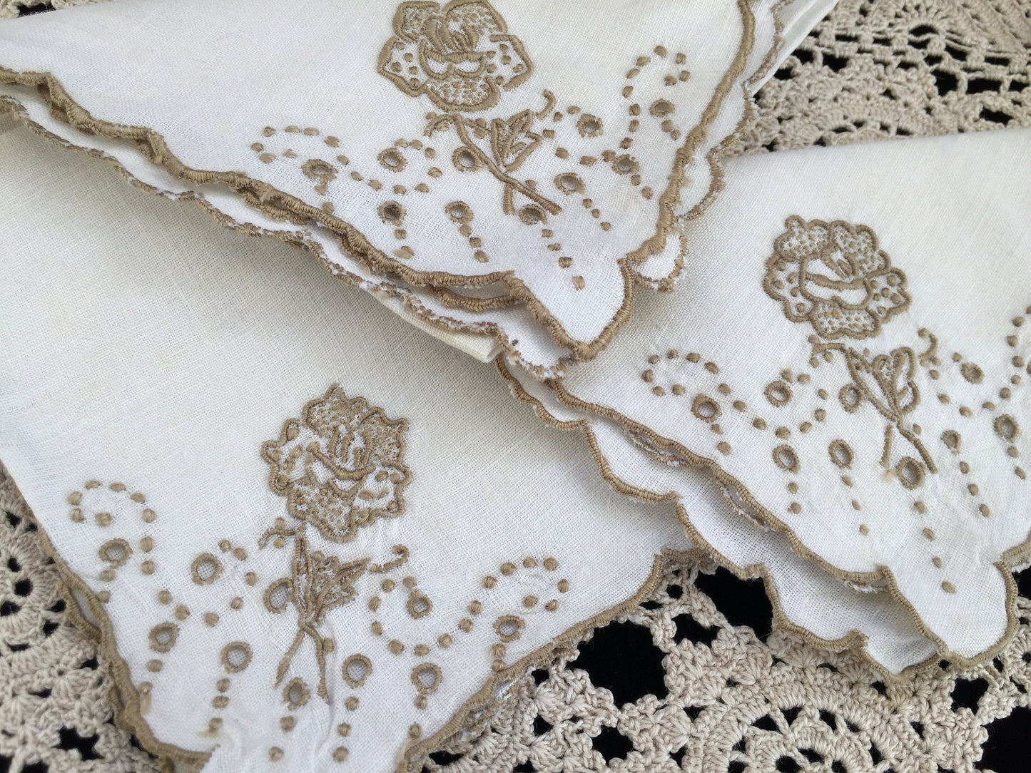 A Set of 3 Antique Hand Embroidered Broderie Anglaise Off-white and Taupe Linen Napkins with Scalloped Edging