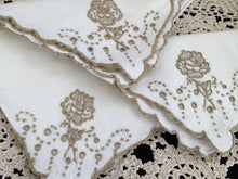 Load image into Gallery viewer, A Set of 3 Antique Hand Embroidered Broderie Anglaise Off-white and Taupe Linen Napkins with Scalloped Edging