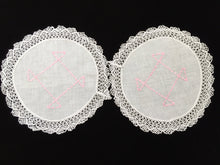 Load image into Gallery viewer, Vintage Machine Embroidered Linen White and Pink Doilies with a Lace Trim Edge