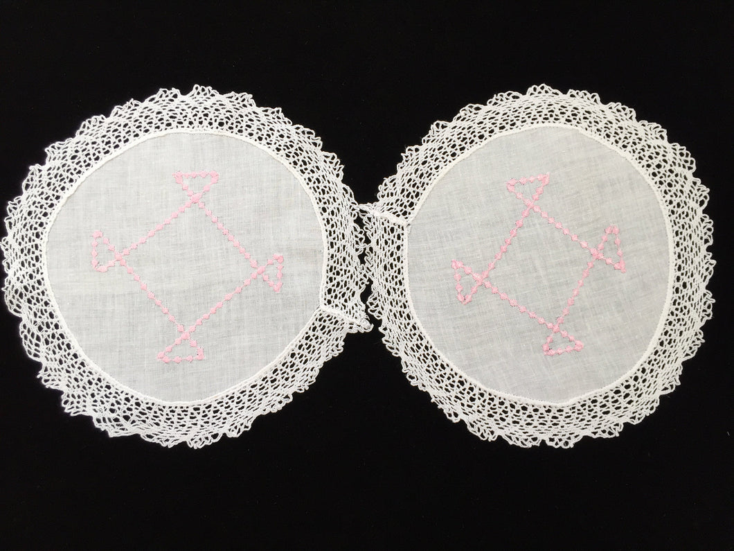 Vintage Machine Embroidered Linen White and Pink Doilies with a Lace Trim Edge