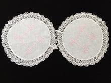 Load image into Gallery viewer, Vintage Machine Embroidered Linen White and Pink Doilies with a Lace Trim Edge