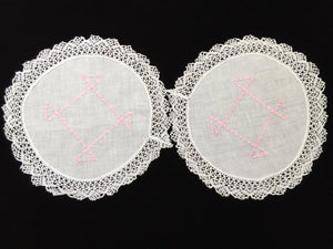 Vintage Machine Embroidered Linen White and Pink Doilies with a Lace Trim Edge