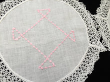 Load image into Gallery viewer, Vintage Machine Embroidered Linen White and Pink Doilies with a Lace Trim Edge