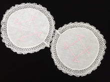 Load image into Gallery viewer, Vintage Machine Embroidered Linen White and Pink Doilies with a Lace Trim Edge