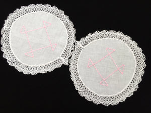 Vintage Machine Embroidered Linen White and Pink Doilies with a Lace Trim Edge