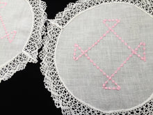 Load image into Gallery viewer, Vintage Machine Embroidered Linen White and Pink Doilies with a Lace Trim Edge