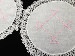 Vintage Machine Embroidered Linen White and Pink Doilies with a Lace Trim Edge