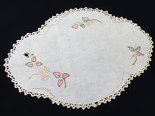 Load image into Gallery viewer, Large Vintage Oval Embroidered Doily for Craft with Leaf Pattern on Off-White Linen with Beige Crocheted Edging