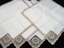 Load image into Gallery viewer, A Set of 4 Large UNUSED Vintage Cotton Linen Napkins with Ecru Crochet Lace Corners and Edging