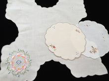 Load image into Gallery viewer, Vintage Machine Embroidered Off-white Linen Bread Basket Liner Doily with Grey Scalloped Edging and a Bonus Pair of Round Doilies