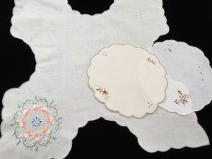 Vintage Machine Embroidered Off-white Linen Bread Basket Liner Doily with Grey Scalloped Edging and a Bonus Pair of Round Doilies