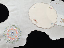 Load image into Gallery viewer, Vintage Machine Embroidered Off-white Linen Bread Basket Liner Doily with Grey Scalloped Edging and a Bonus Pair of Round Doilies