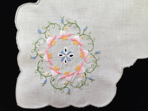 Vintage Machine Embroidered Off-white Linen Bread Basket Liner Doily with Grey Scalloped Edging and a Bonus Pair of Round Doilies