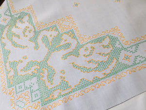 Vintage Hand Embroidered Linen Tablecloth with Cross Stitch Phoenix Pattern