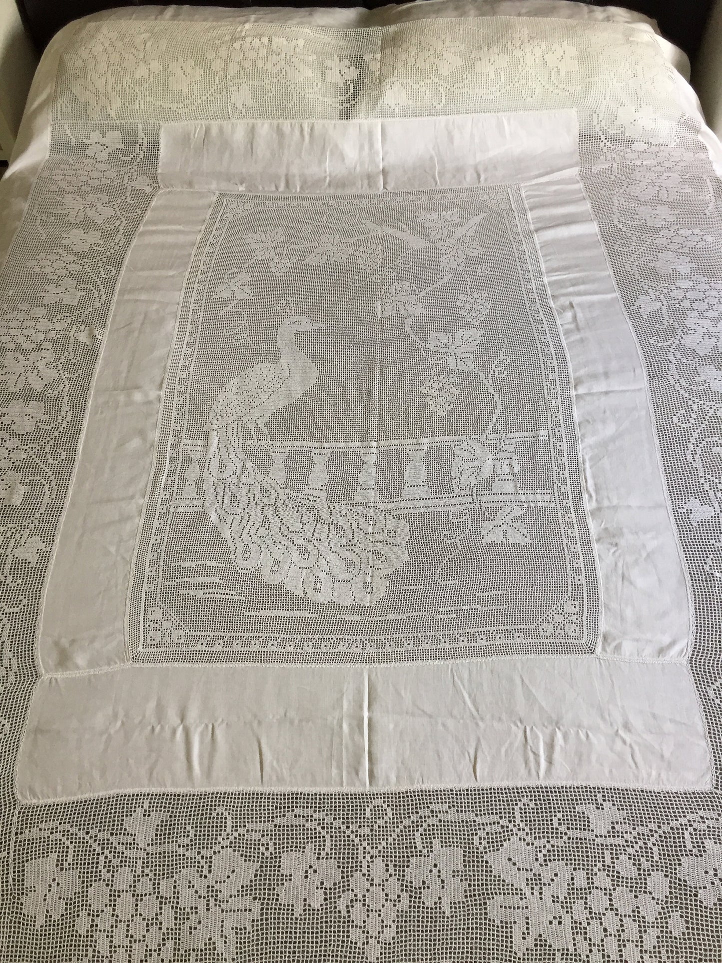 Vintage Lace and Linen Bed Cover with Mary Card Designed Filet Crochet Inlay "Peacock and Grapevine"