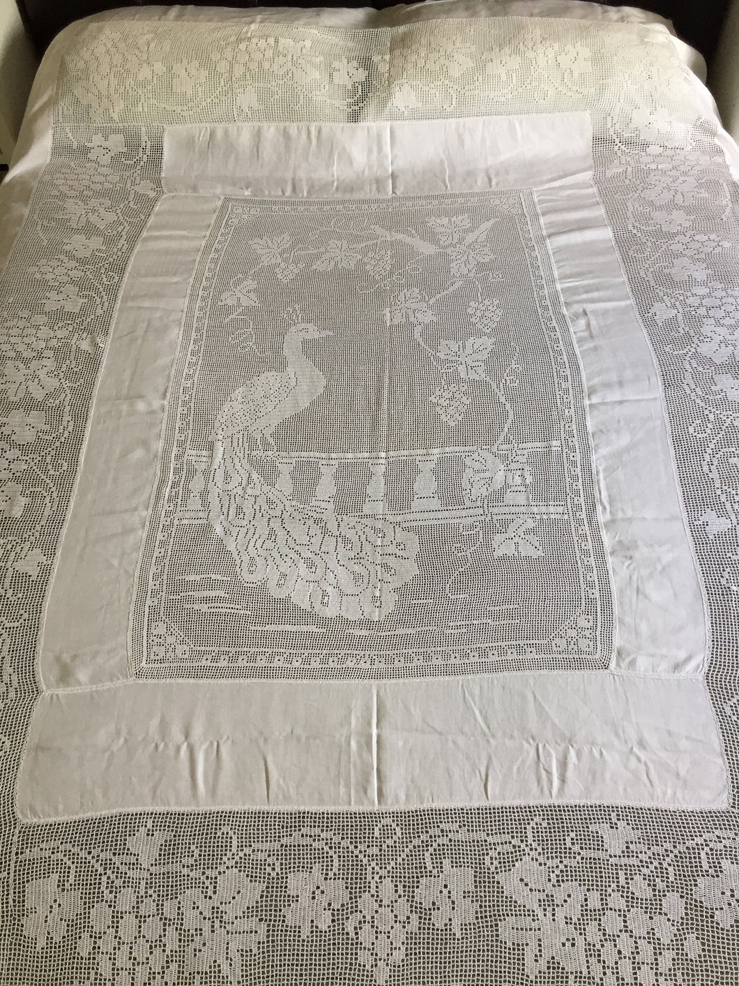 Vintage Lace and Linen Bed Cover with Mary Card Designed Filet Crochet Inlay 