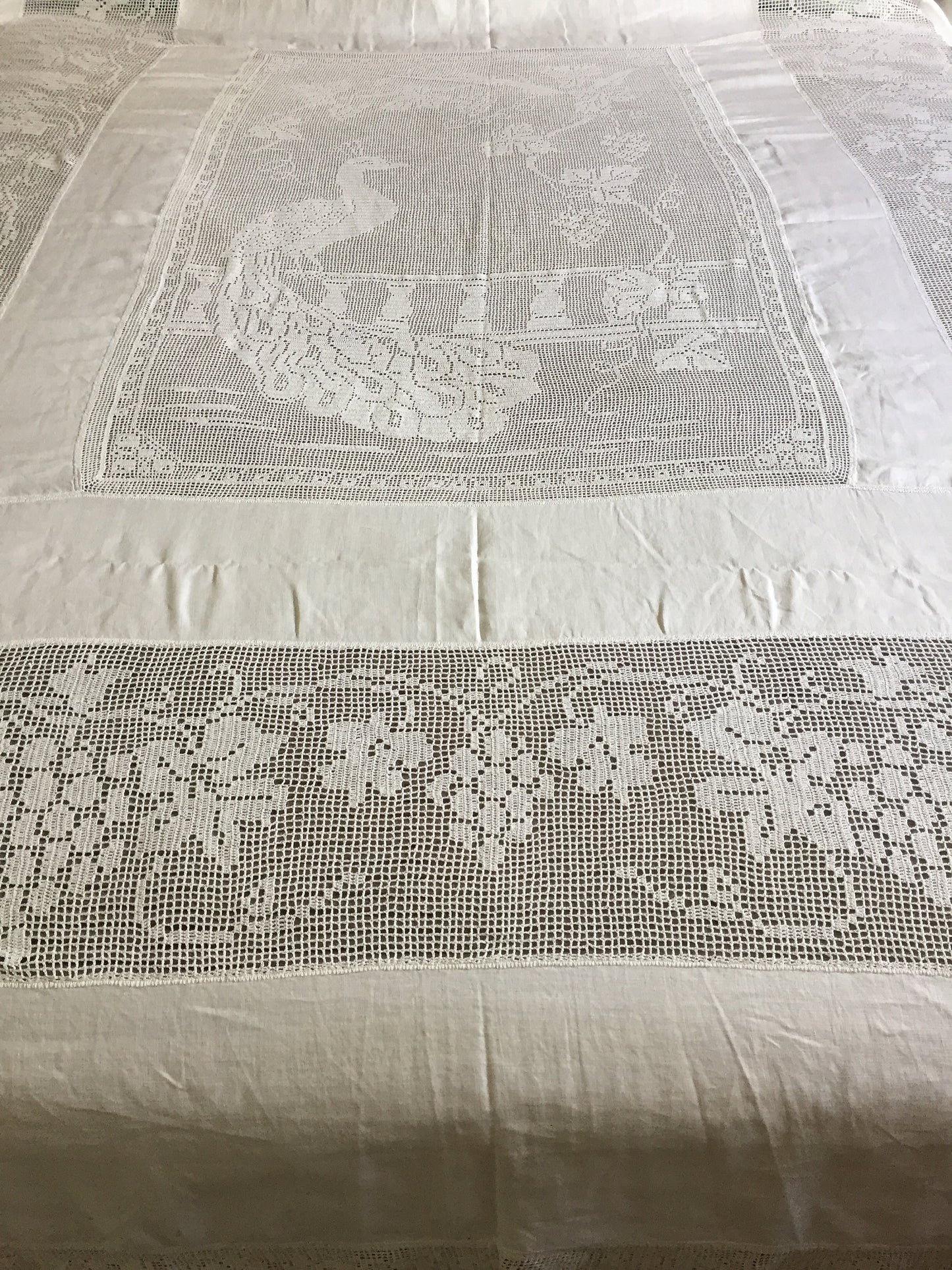 Vintage Lace and Linen Bed Cover with Mary Card Designed Filet Crochet Inlay "Peacock and Grapevine"
