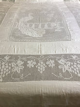 Load image into Gallery viewer, Vintage Lace and Linen Bed Cover with Mary Card Designed Filet Crochet Inlay &quot;Peacock and Grapevine&quot;